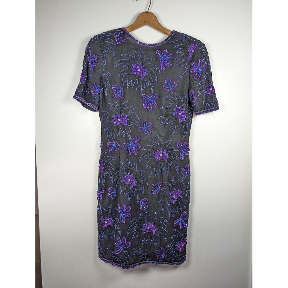 Vintage 90s 100% Silk Beaded Sequin Dress Size 8 Knee Length Glam Fireworks Prom